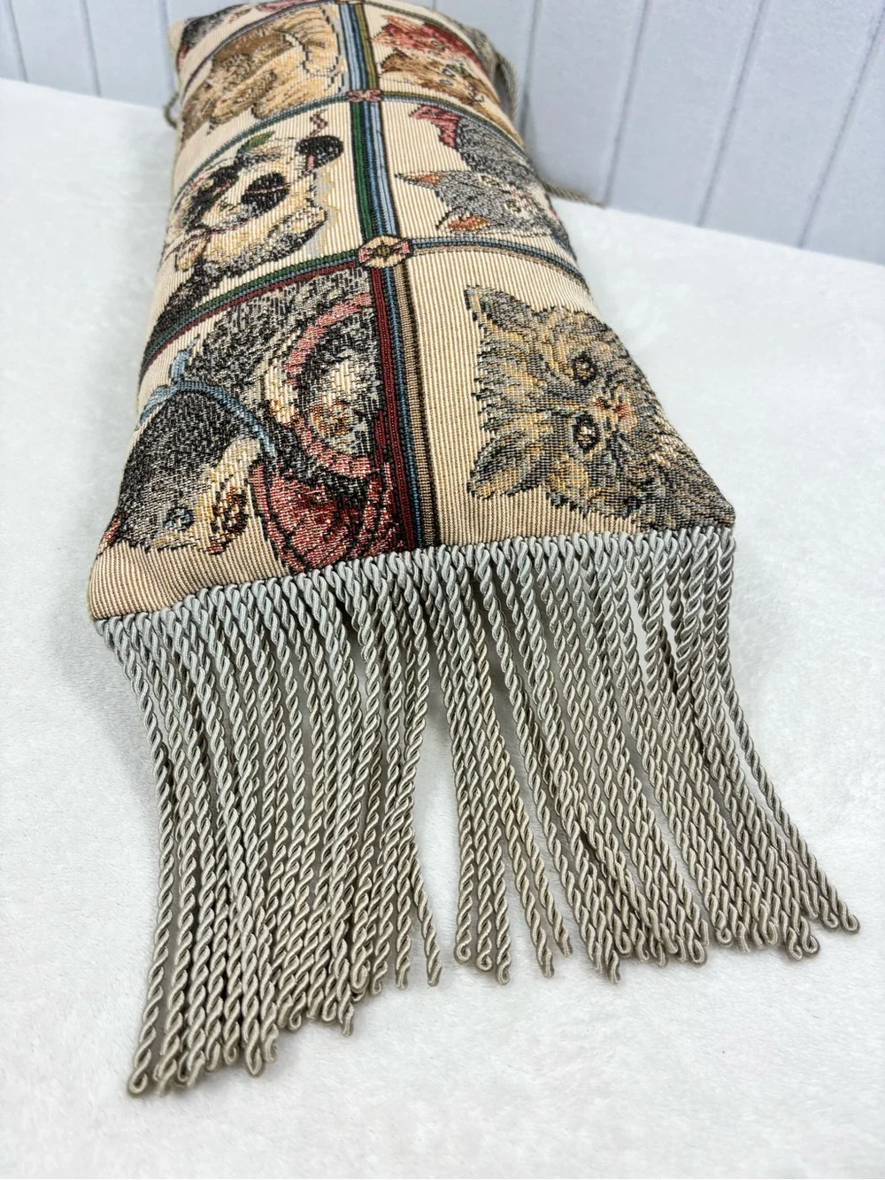 Vintage Tapestry  Kitten Bolster Pillow with Tassels